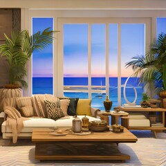 coastal chic living room with rattan accents2, Generative AI