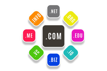 Domain name extensions background design of different types of top level domains or TLDs like .com, .net, .org and others inside square shapes. Used for registering a website name or DNS  topics.