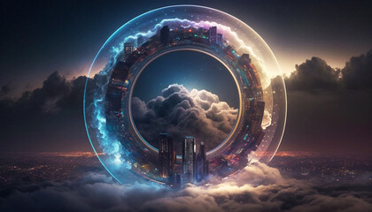 fantasy tech city above the clouds. generate ai - obrazy, fototapety, plakaty