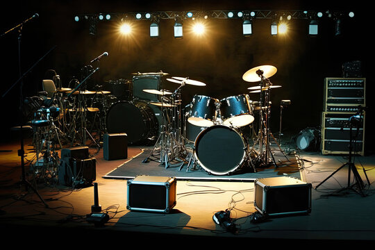 illuminated empty stage with drums, microphones, amplifiers, and other equipment mounted on it