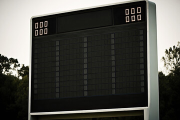 empty scoreboard for sports against a background of the sky and treetops