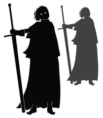 A black silhouette of a female knight leaning on a long two-handed sword, she is dressed in a long cloak with a cape, she has a square hairstyle, she carelessly tilted her head sideways. 2d anime art