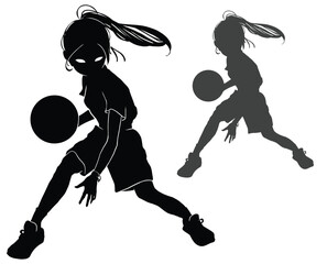 A black silhouette of a cute anime basketball player girl, she is in a dynamic pose with a sword in her hand, dressed in shorts, a T-shirt and colorful, she has long hair in a tail. 2d art