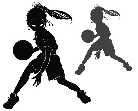 A Black Silhouette Of A Cute Anime Basketball Player Girl, She Is In A Dynamic Pose With A Sword In Her Hand, Dressed In Shorts, A T-shirt And Colorful, She Has Long Hair In A Tail. 2d Art