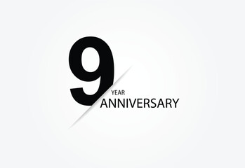 9 years anniversary logo template isolated on white, black and white background. 9th anniversary logo.