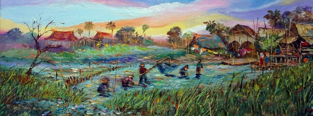Fototapeta na wymiar Art painting oil color rural life thailand