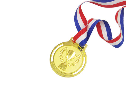 Gold medal with ribbon isolated on white.