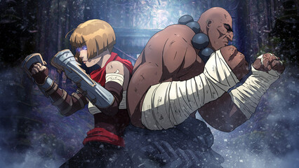 Two fighters, cute girl in brass knuckles and a giant brutal man in bandages, they are comrades in arms standing back to back preparing to fight in the middle of a snowy forest road. 2d anime art - obrazy, fototapety, plakaty
