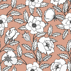 Seamless floral pattern in pastel colors. Black and white peonies on a pink background.