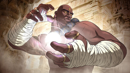  brutal man with black skin in bandages on his hands with huge stone beads on his thick neck stands concentrating energy in fingers, against the background of an ancient oriental temple. 2d anime art