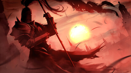 A dramatic silhouette of a knight in plate armor against bright scarlet sunset with a yellow sun illuminating a medieval fantasy stalitsa, he leans on a torn flag praying for the morning. 2d art © warmtail