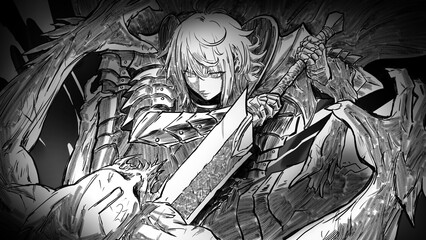 A creepy bloodthirsty female warrior ruthlessly pierces a creepy four-armed demon with a huge sword, causing him to suffer, she is a knight in plate armor with short tousled hairs. 2d anime comic art
