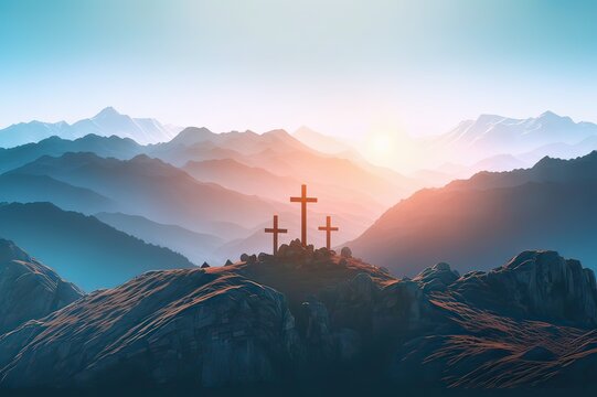 Three Crosses on Hill at Sunrise Symbolize Crucifixion of Christ. Photo generative AI