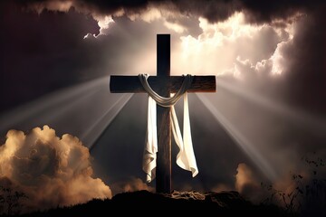 Dramatic Easter Cross Illuminated by Sun Amid Storm Clouds. Photo generative AI
