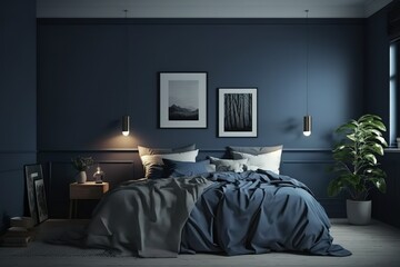 Dark bed and mockup dark blue wall in bedroom interior