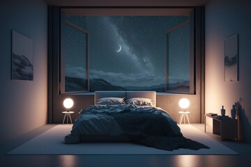 3d rendering of bedroom with cozy low bed at night with starry sky,Generative AI
