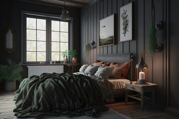 Dark Bedroom Interior Mockup In Farmhouse Style. 3d Rendering