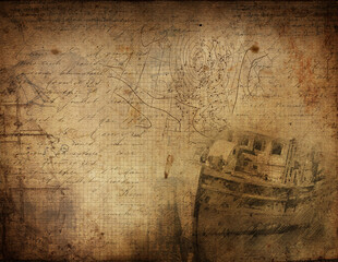 Travel background with vintage map and handwritten and old ship