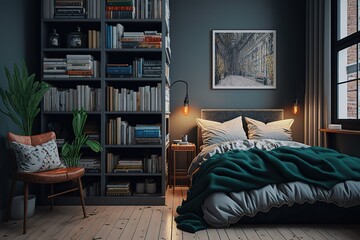 A bedroom with a bed, a chair, and a bookcase with books on the shelves and a chair in front of the bed, Generative AI.