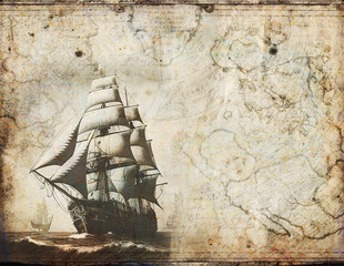 Old ship background with map