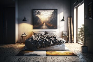 A bedroom with a bed, nightstands, and a painting on the wall above it and a rug on the floor below it, and a rug on the floor, and a rug on the floor