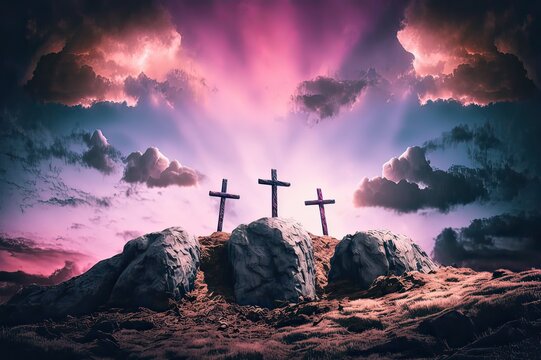 Three Crosses atop Rocky Hill, Dramatic Sky of Pink & Purple Clouds. Easter & Good Friday Symbol. Photo generative AI