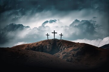 Three Crosses on Dark Hillside: Crucial Easter Story Scene. Photo generative AI - obrazy, fototapety, plakaty