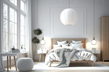 Home interior background, cozy white bedroom with bright furniture natural wooden tables, modern style, 3d render