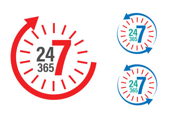  24-7-365, seven, twenty four, three sixty five vector icon.  24  hour service abstract