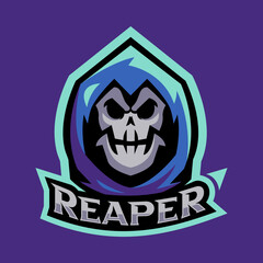 grim reaper face mascot logo. reaper text. esport, gaming, skull, spooky logo concept. suitable for print, web, profile avatar, etc.