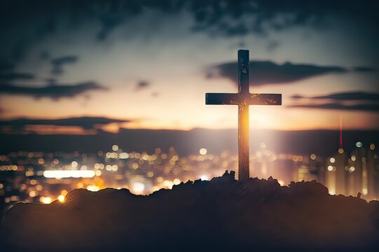 Religious cross against urban backdrop. Photo generative AI