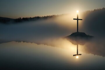 Fototapeta na wymiar Foggy Lake Easter Sunrise with Long Single Shadow. Photo generative AI