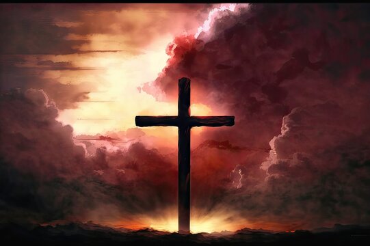 Red-Yellow Sunrise Sky w/Cross Shape: A scenic painting of a red-yellow sunrise sky with a wood cross shape in the foreground, symbolizing Heaven's glory and salvation. Photo generative AI - Powered by Adobe