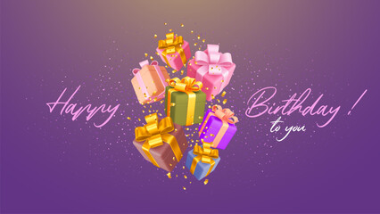 Birthday greeting card with colored gift boxes. Multicolored, glossy 3d gifts with beautiful bows flying and falling with golden tinsel on violet background. Vector realistic illustration