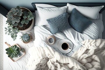 Scandinavian interior design. White and blue pillows on the king size bed with knit blanket in the minimal bedroom interior with plants, frame poster mock up and shelve