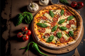 Delicious pizza, slice of pizza. Professional food photo. For advertising or for a poster. Generative AI.