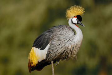 A photo of The grey crowned crane, also known as the African crowned crane, golden crested crane, golden crowned crane, East African crane, East African crowned crane, African crane. Side profile