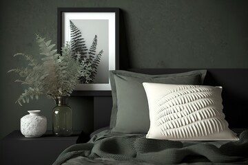 Landscape black picture frame mockup on sage green wall. Elegant bedroom view. White and grey linen pillows, blanket. Night stand with ceramic vase, dry fern and books. Scandinavian interior