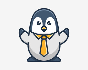 Cute Penguin Polar Animal Wear Tie Suit Confident Standing Cartoon Funny Mascot Vector Illustration
