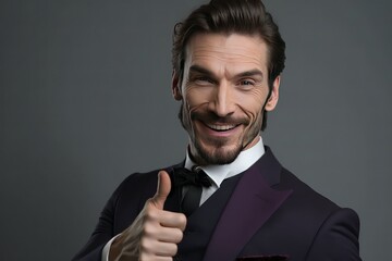 A fictional person, Ai generated, Portrait of cheerful excited joyful satisfied handsome attractive fashionable macho guy dressed in formal outfit dark velvet 
