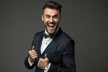 A fictional person, Ai generated, Portrait of cheerful excited joyful satisfied handsome attractive fashionable macho guy dressed in formal outfit dark velvet 