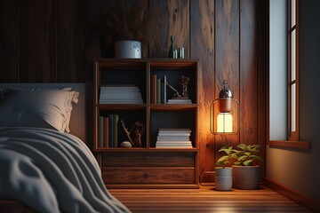 Wooden bedroom corner with bookcase