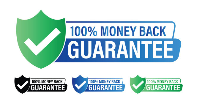 100% money back guarantee vector icon with tick mark, blue and green i n color