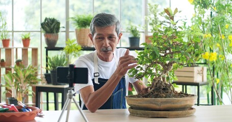 Senior gardener Asian man blogger review selling plant trees in pots on social media by streaming live from his shop. Online influencer elderly marketing concept