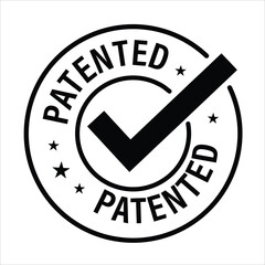 'patented' vector icon with tick mark, black in color