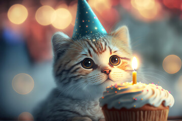 Cute little kitten with birthday cupcake on festive bokeh background. Generative AI illustration