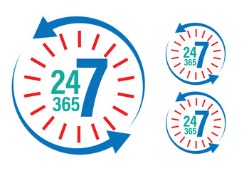 24-7 timing  abstract.  24-7-365 vector icon with clock symbol. 