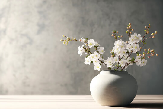 Blossoming cherry bouquet in a vase on a gray background. Generative AI illustration