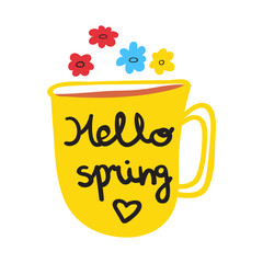 Yellow mug. Hello spring. Vector hand drawn illustration on white background.