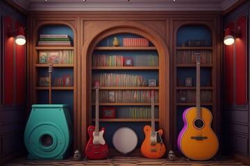 Generative AI of a library interior with bookshelves, guitar and speakers